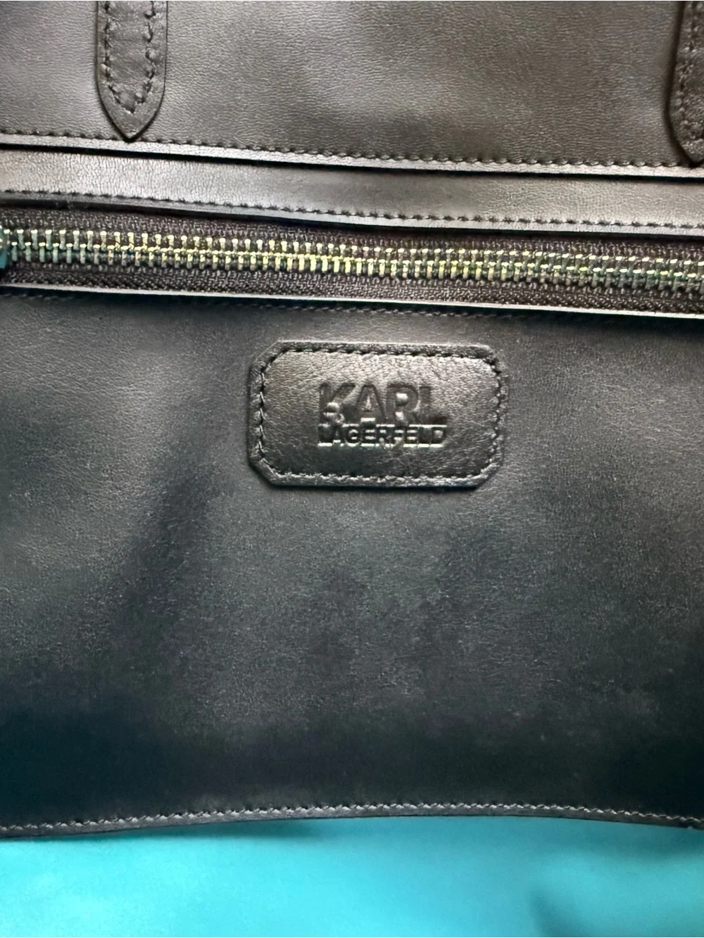 Karl Lagerfeld Light Teal Patent Tote with Black Leather Handles